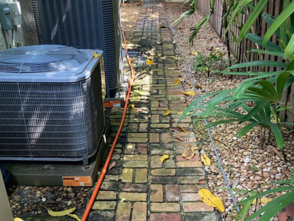 Homeowner seeing freshly cleaned driveway and walkway outside Palm Beach Gardens residence after pressure washing
