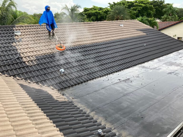 Homeowner watching roof cleaning remove black streaks from Boca Raton tile roof