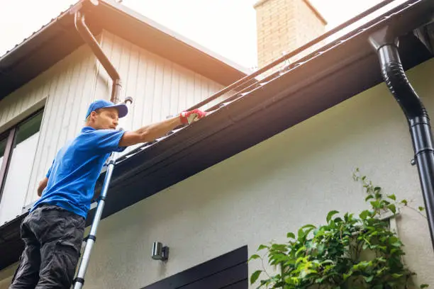 Roof cleaning specialist inspecting heavy algae growth and applying controlled soft wash treatment